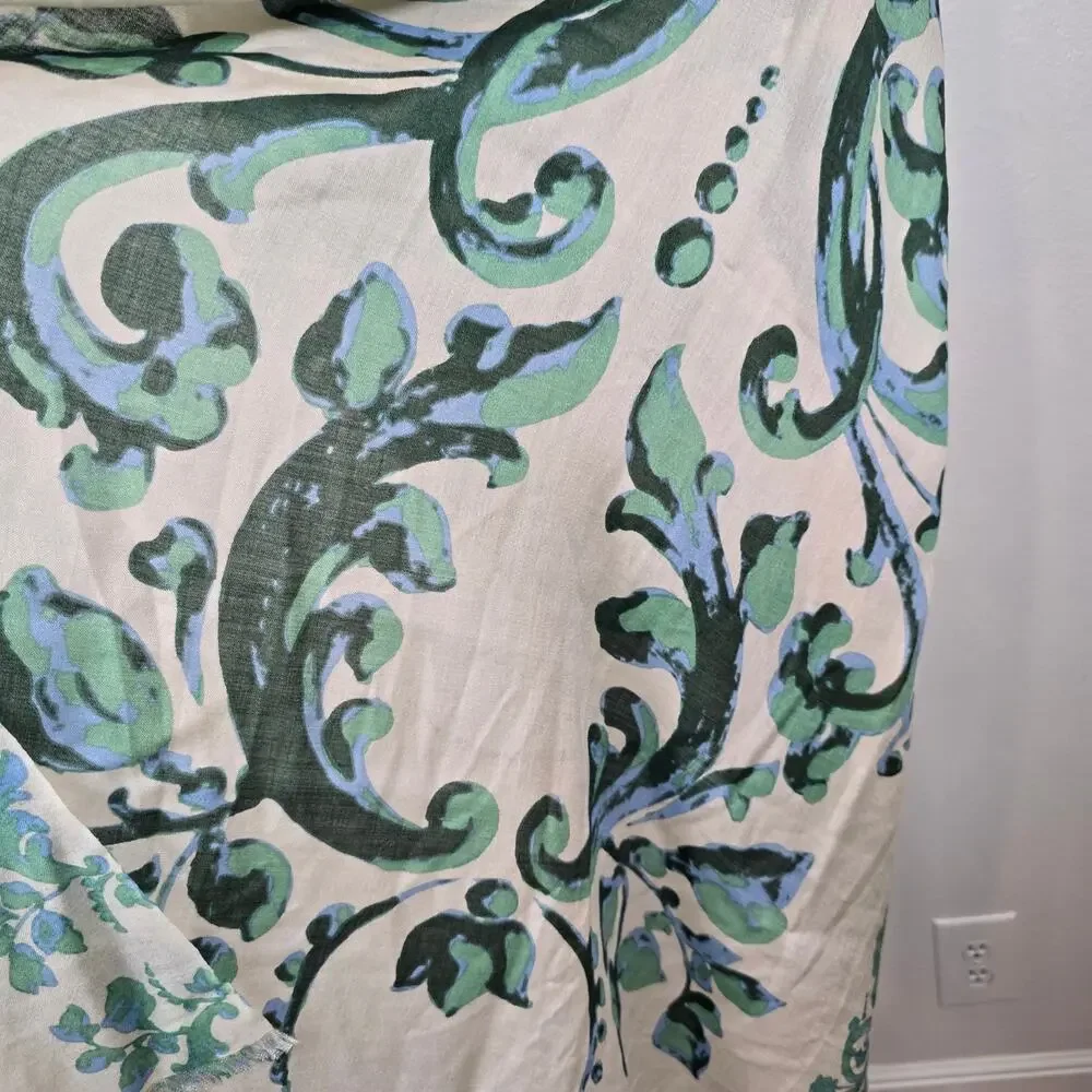 Art Go'den Du'm Silk Wool Blend Scarf Wrap Women's Green Blue Damask Boho Chic